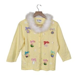 Jack B Quick Womens Sequined Easter Cardigan M Yellow Pastel Bunny Egg Dangle